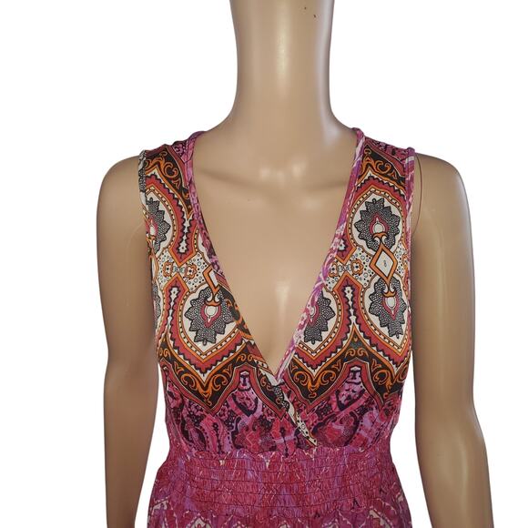 Mlle Gabrielle Size M Smocked Maxi Dress Pink Paisley Surplice Wrap Boho - Picture 2 of 9